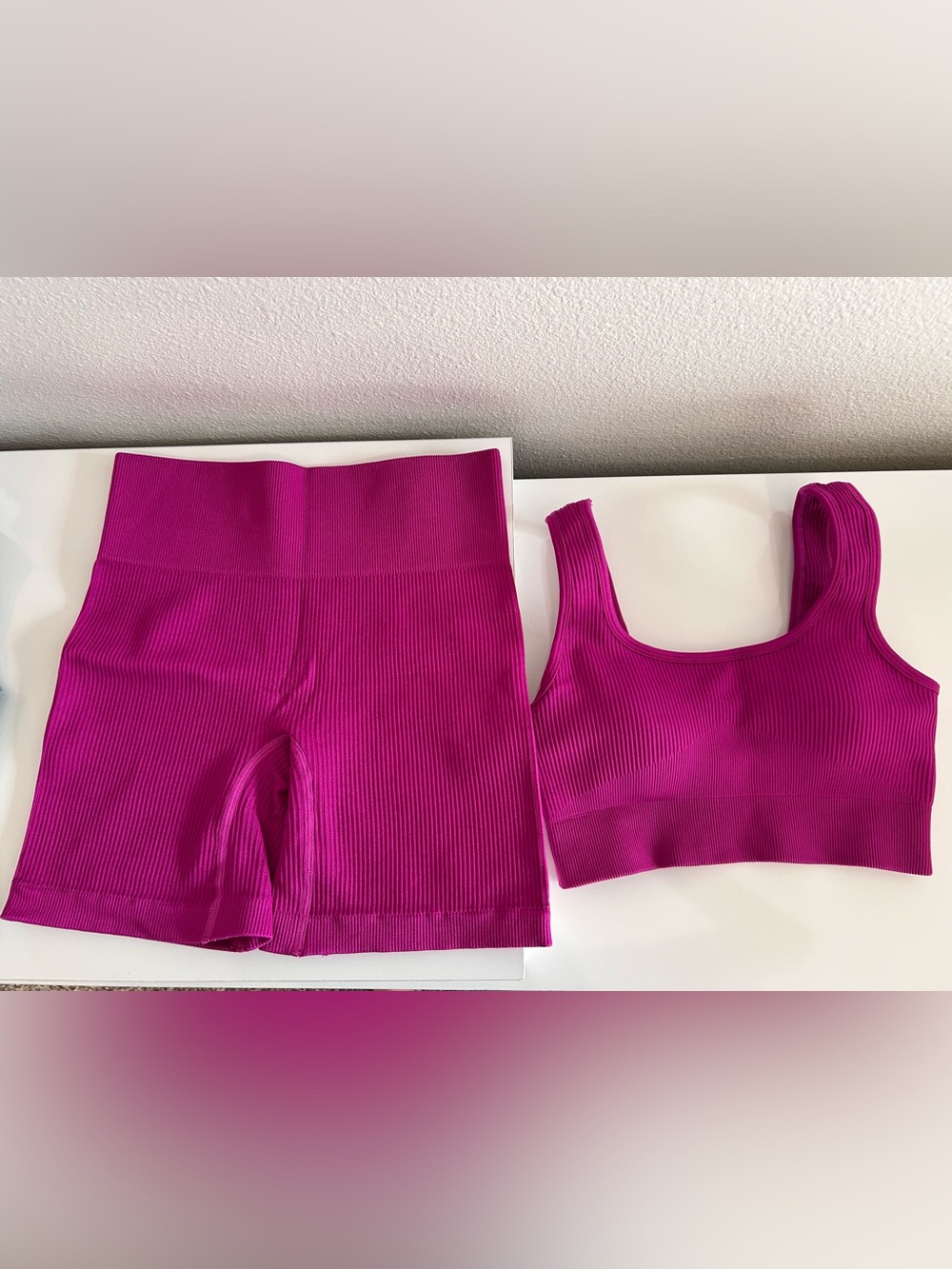 SHEIN Fuchsia Ribbed Sports Bra & High-Waist Bike Shorts Set